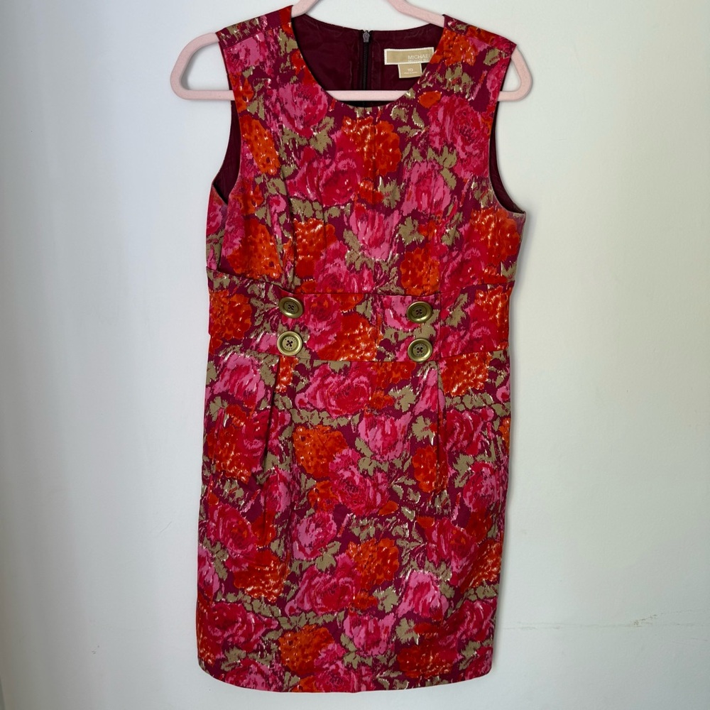 Michael Kors Floral Sleeveless Shift Dress Size 10 Pink Orange Button Waist